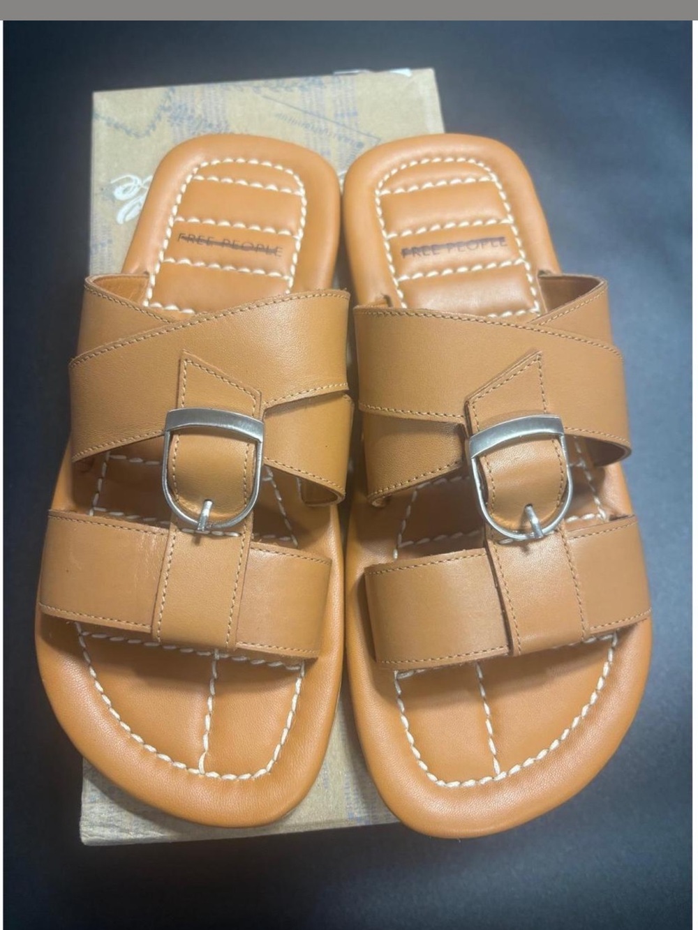 Free People Sloan Buckle Cinnamon Clay Leather Slide Sandals with Silver Buckles